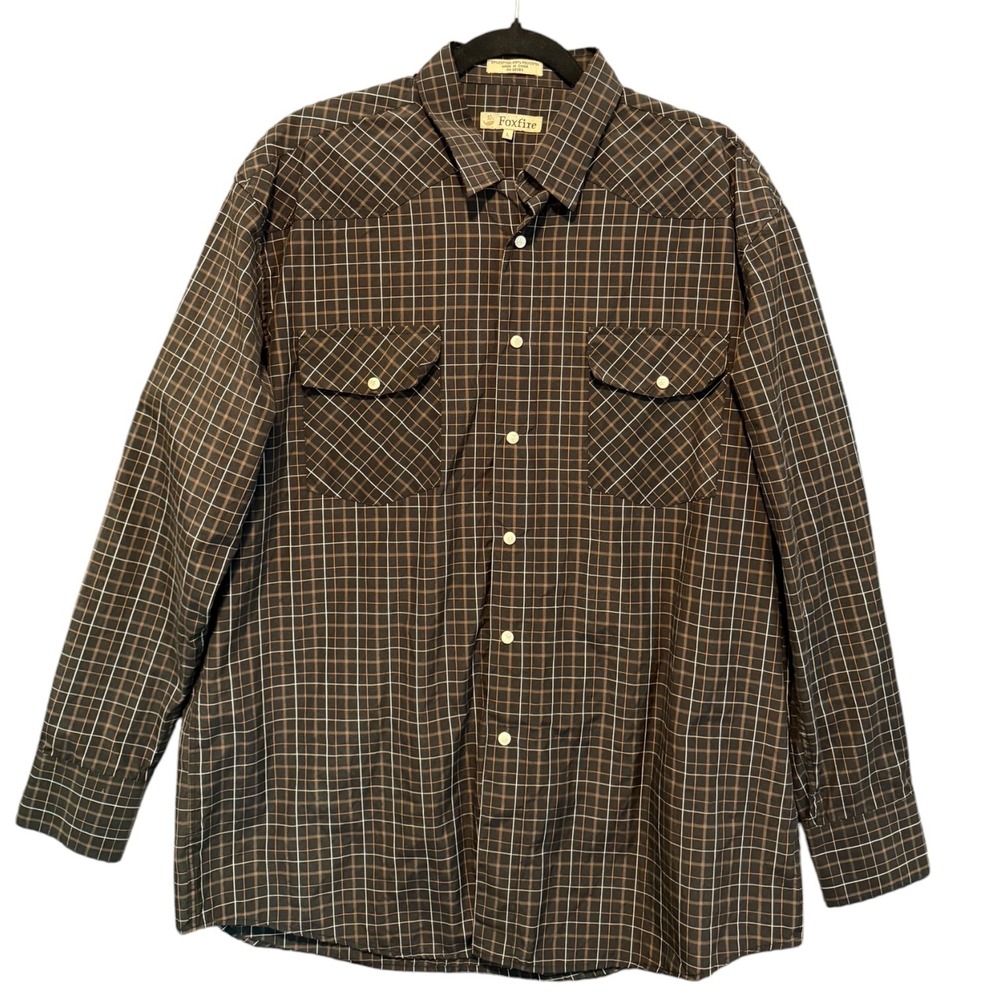 Foxfire Mens Brown Plaid Western Pearl Snap Long Sleeve Shirt Large Yoke Pockets